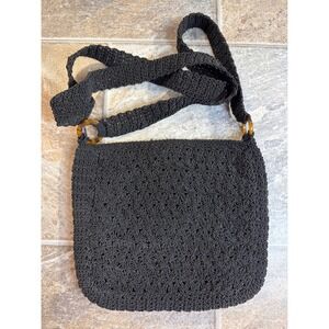 Black Crocheted Shoulder Bag Tortoise Ring‎ Strap Vintage Express